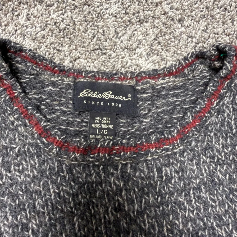 Eddie Bauer Mens Large Wool Blend Fisherman Knit Sweater Grey Red Heritage Style